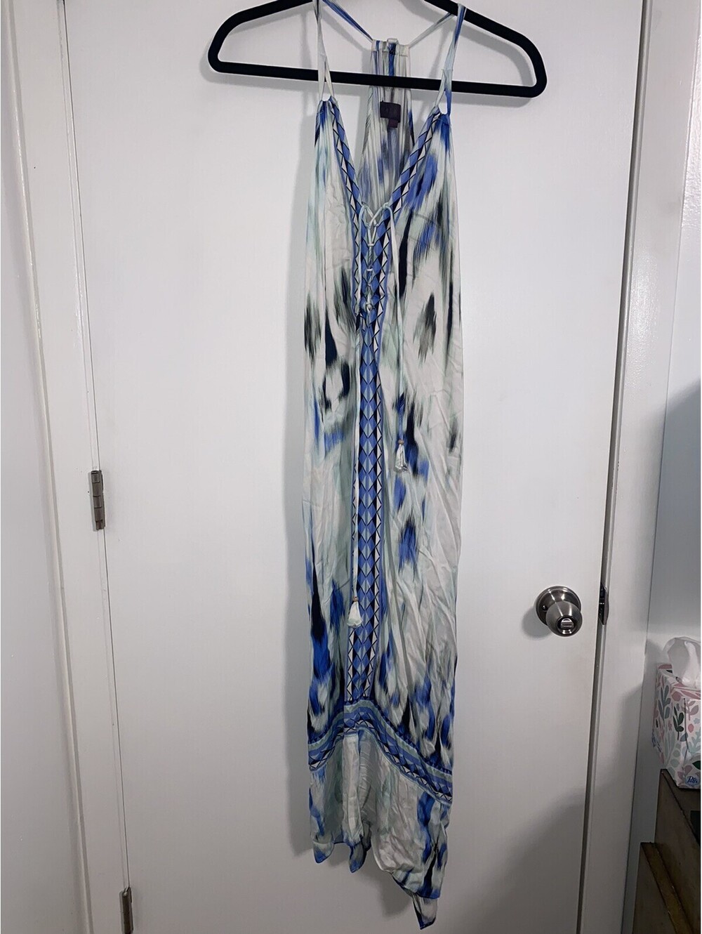 Hale Bob white blue lace up back tied and knot maxi dress XS